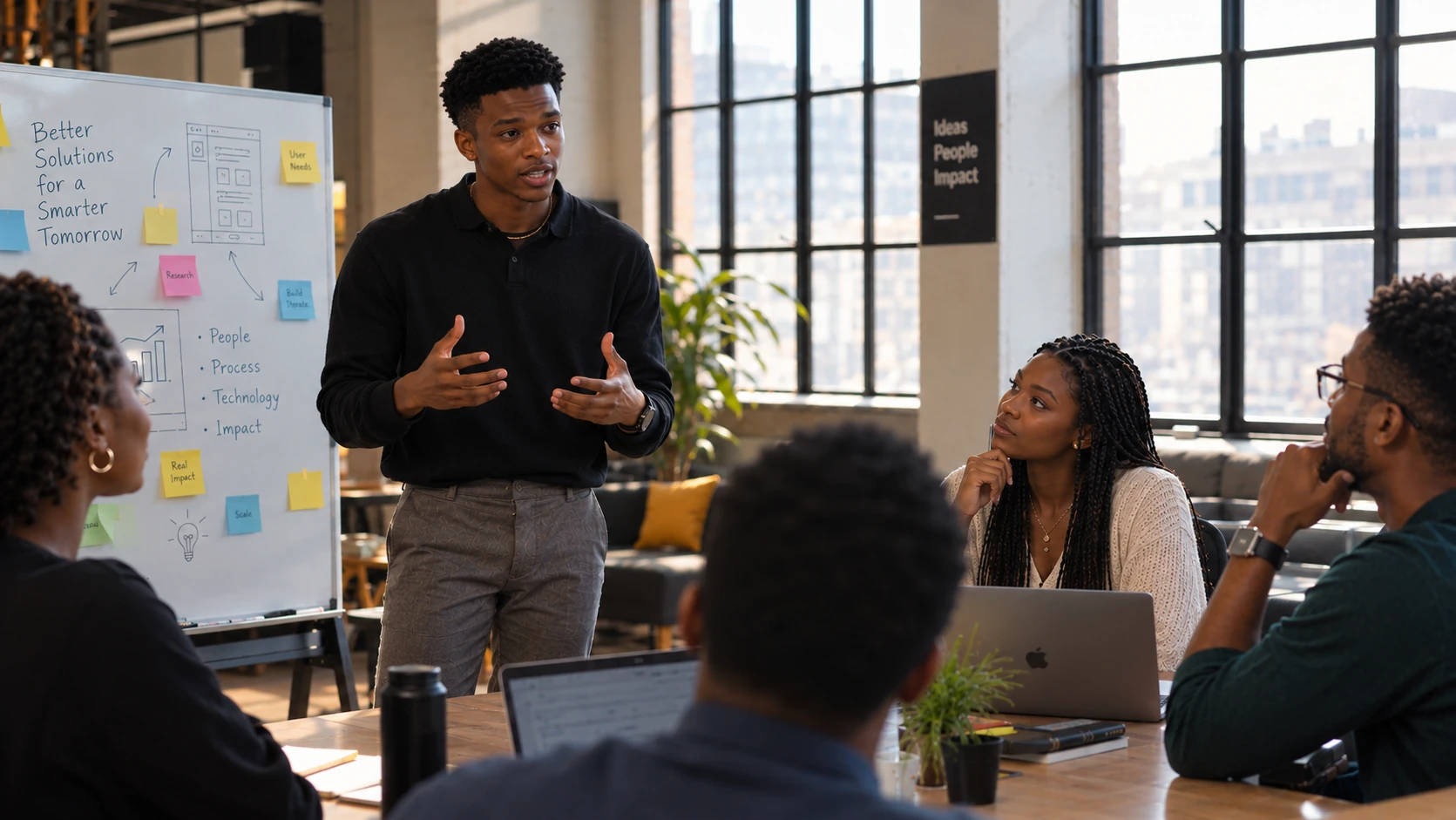 Young man presenting ideas to an attentive workshop group